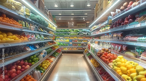 Supermarket indoor, no people, spacious channels, shelves are placed with fresh vegetables, colorful fruits, beautifully packaged snacks and a variety of daily necessities. Generative AI.