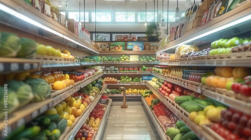 Supermarket indoor, no people, spacious channels, shelves are placed with fresh vegetables, colorful fruits, beautifully packaged snacks and a variety of daily necessities. Generative AI.