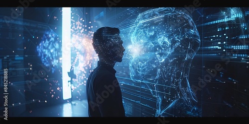 man programming a conscious artificial intelligence with moral safeguards to prevent it from becoming malevolent towards humans, inspired by the idea of a creation myth.