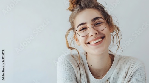 Happy millennial woman , looking at camera, smiling. Confident female customer, young student girl, professional head shot portrait, on solid colored background