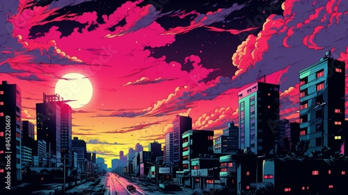 Comic book cityscape in pop art style, neon colors, night scene