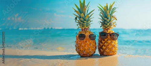Attractive pineapples in love on sandy beach with stylish sunglasses, set against turquoise sea. Evoking tropical summer vacation vibes on sunny day of tropical island getaway.