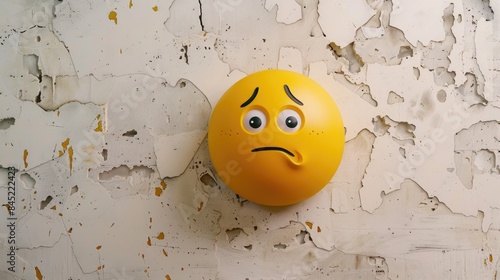 Emoticon wearing a yellow expression in front of a white wall symbolizing lateness or urgency