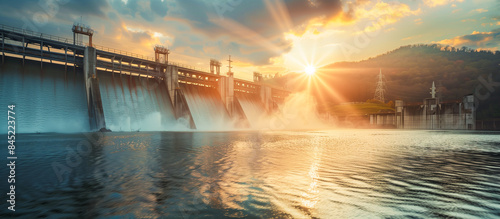 Dam Power Generation Water Reservoir Concrete Construction in Natural Landscape