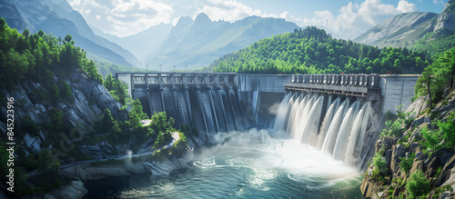 Dam Power Generation Water Reservoir Concrete Construction in Natural Landscape