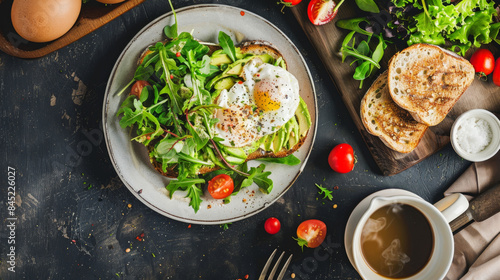 Delicious avocado toast topped with a perfectly poached egg, fresh greens, and cherry tomatoes, served with coffee. Healthy Avocado Toast with Poached Egg