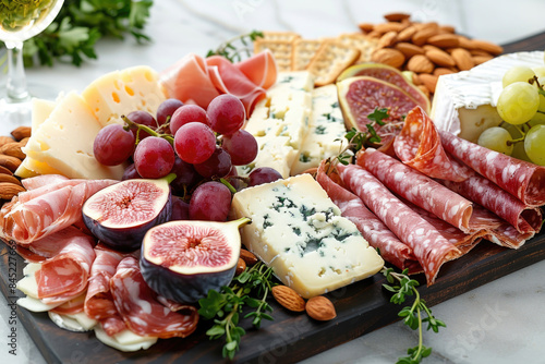 A sophisticated cheese and charcuterie board with various accompaniments