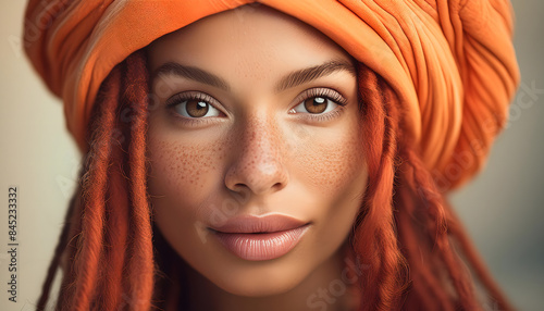 model, frau, turban, close up, neu, Sommersprossen, close up, dreadlocks, braun, herbstlich, studio, atelier, tuch, koptuch, portrait, gesicht, schönheit, natürlich, orange, herbst, lächelnd, haut, ad