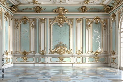 Rococo interior palace backdrop, blue and gold panelled walls, ornate moldings.