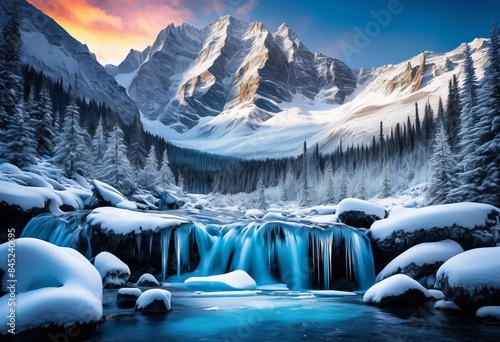 majestic snowy mountain peaks frozen waterfall cascading winter landscape view, icy, cold, frosty, white, nature, scenery, frost, chill, scenic, wilderness, outdoors