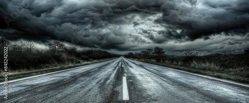 An Empty Road Extending Under A Cloudy Sky, Symbolizing Journey And Solitude