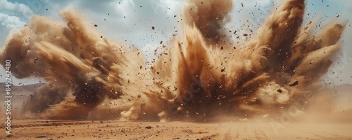 Powerful explosion of sand and dust in the desert creates an intense visual effect with debris flying everywhere.