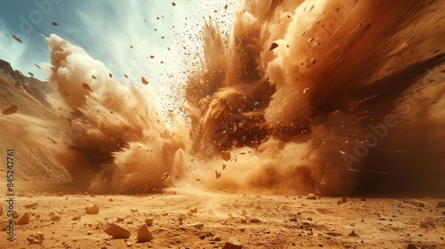 An explosion of sand, dust and debris on the ground creates an intense desert scene. The realistic photo has high resolution and is in the style of an unnamed artist