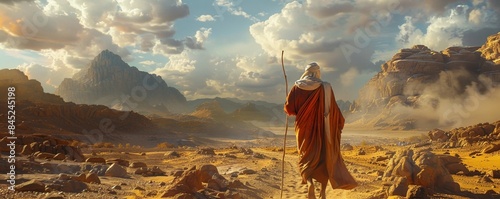 Exodus in history: Moses guides Jews through Sinai desert to Promised Land, a religious journey of escape and significance in the Bible, super realistic