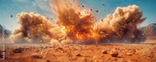 High speed photography of an explosion in the desert, with sand and dust flying everywhere and rocks floating around, with an epic and cinematic look in high resolution.