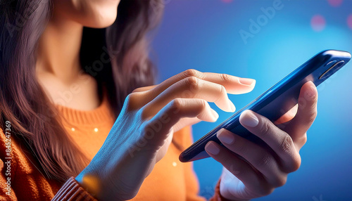 Extreme close-up of the hands of a woman using a smartphone, the girl clicks the screen, on a blue background with copy space. Social media, text message and website, concept. Generative Ai.