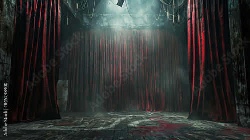 The curtains on the stage are closed, behind which there is a dark, gloomy atmosphere. Dark fabrics and subdued light create an aura of anxiety and expectation.