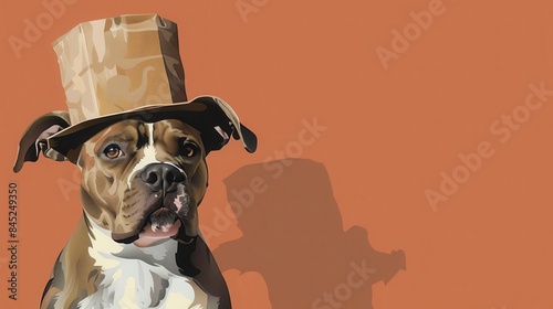 Pitt bull dog wearing a cardboard hat, looking silly and proud