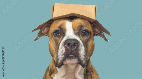 Pitt bull dog wearing a cardboard hat, looking silly and proud