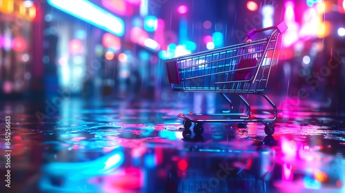 3D render of a shopping cart on the street in the style of cyberpunk, with neon lights, a blurred background, a wet floor, reflection, and colorful lights