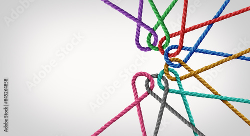 Concept Of Teamwork And Unity as a business metaphor for joining an inclusive partnership as twisted diverse ropes connected together as a corporate symbol for cooperation and working collaboration.