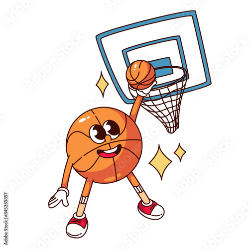 Groovy orange ball cartoon character playing basketball. Funny retro champion throwing ball into hoop, basketball championship mascot, cartoon tournament sticker of 70s 80s style vector illustration