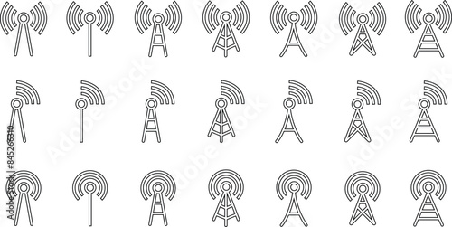Set of Wireless cellular, cell signal, radio network antenna line art icons editable stock. Tower designs. Telecommunication data network sign. Transmitter receiver isolated on transparent background.
