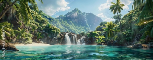 Tropical island paradise with a secluded lagoon and cascading waterfall, 4K hyperrealistic photo