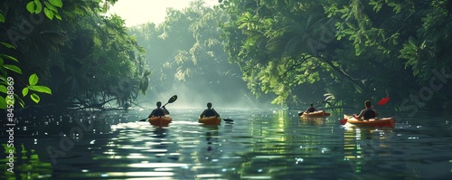 Group of people kayaking on a tranquil river, surrounded by lush greenery, 4K hyperrealistic photo.