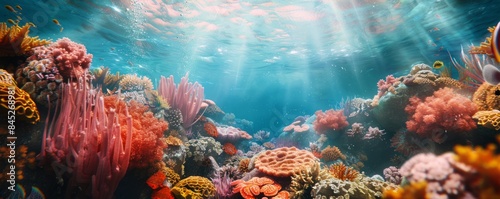 Vibrant underwater coral reef portrait, with marine life and colorful coral reefs, hyperrealistic 4K photo.