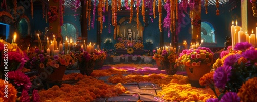 Attending a Dia de los Muertos celebration, November 2nd, colorful altars and marigold flowers, 4K hyperrealistic photo.