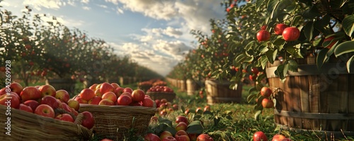 Going apple picking at a local orchard, October 14th, baskets of apples and orchard views, 4K hyperrealistic photo.
