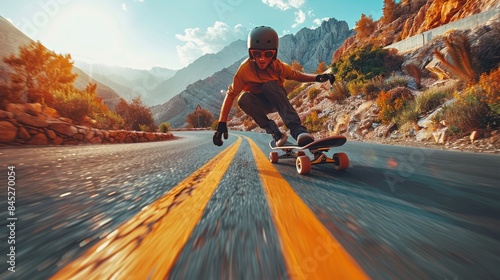 photograph of A downhill skateboarder taking a sharp turn on a steep mountain road, the thrill of speed evident in the scene wide angle lens.