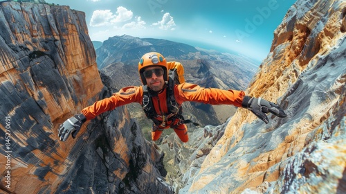 photograph of A wingsuit flyer gliding through a narrow canyon, capturing the sense of flight and proximity to the rugged terrain wide angle lens.