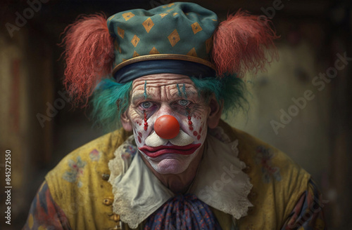 Portrait of a sad clown. Intensely emotional clown with tear-streaked makeup.