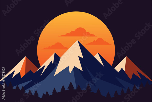 Beautiful mountain landscape, white nights or midnight sun. Amazing landscape of the polar night with silhouettes of mountains and stunning sun. Vector illustration