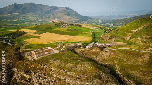 Aerial view of Archaeological Park of Segesta ruins in Sicily , temple 