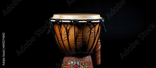 A close up isolated image shows an African djembe conga drum placed on its side against a black background There is ample copy space available for use in the horizontal format
