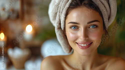 A beautiful woman smiling as she receives a rejuvenating facial treatment, with a focus on the natural ingredients and gentle techniques used to enhance her beauty and promote skin