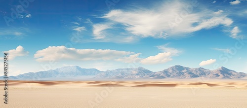 A stunning landscape of the Nevada desert with a wide expanse of golden sand and clear blue skies The photo provides ample space for copy or other content