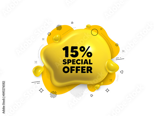 Abstract liquid 3d shape. 15 percent discount offer tag. Sale price promo sign. Special offer symbol. Discount message. Fluid speech bubble banner. Yellow text liquid shape. Vector