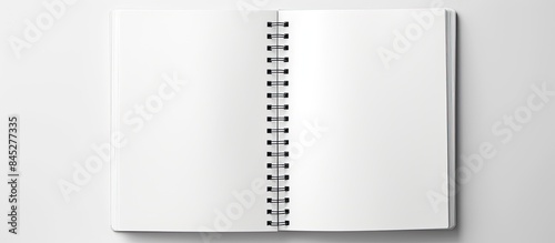 Top view of a blank spiral sketchbook with an empty open page captured in a real photo The white background allows for text placement and there is ample copy space This black and white panoramic mini