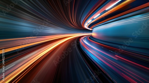 Speed and light trails of a moving train in abstract motion for travel and business concept artistic image