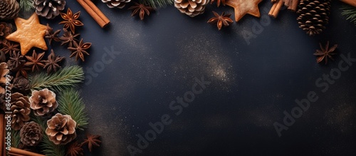 Top view of a Christmas themed background featuring fir branches pine cones Christmas cookies cinnamon sticks and anise stars Ample copy space is available