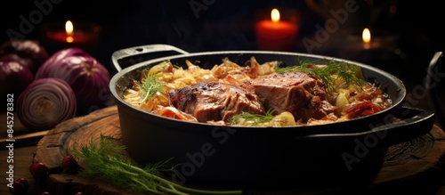 German traditional dish consisting of roasted pork leg served with stewed sauerkraut and braised sour cabbage in a saucepan This copy space image represents the national cuisine featuring a hearty co