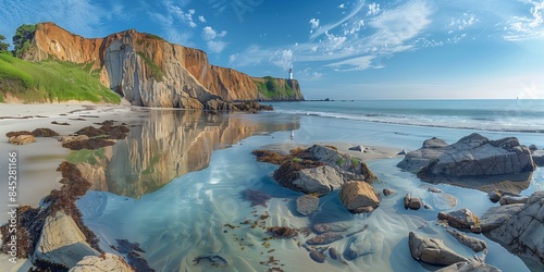 Tranquil Beach Scene with Rocky Cliffs, Tide Pools & Distant Lighthouse