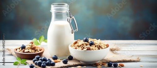 A healthy breakfast of homemade muesli topped with blueberries and served with milk in a decorative jug on a vintage slate table Copy space image