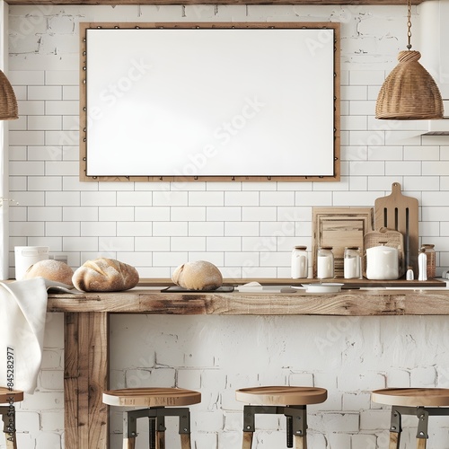 Mock up of a wooden vertical blank frame in a contemporary kitchen, various breadboards and utensils.