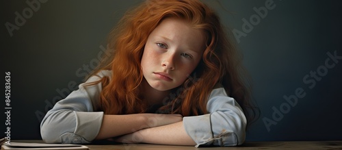 In a classroom a schoolgirl with red hair peacefully dozes off at a wooden desk The photograph captures the serene image of a young child in a lesson. Creative banner. Copyspace image