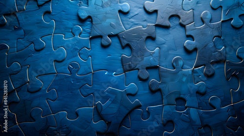 Jigsaw puzzle on blue, symbolizing business strategy and success, tailored for text accompaniment.